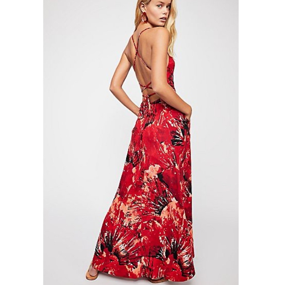Free People Dress Women 12 Nellie Printed Maxi Red Poppy Open Strappy Back Flowy